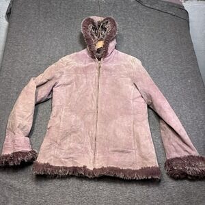 Adler Collection Jacket Large Suede Women Purple Faux‎ Fur Sherpa Warm 80s 90s